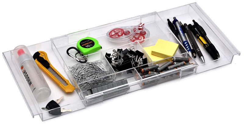 Masirs Expandable Drawer Organizer - Customizable Makeup Vanity Organizing Storage Tray for Bathroom, Bedroom & Desk Drawers - Clear Plastic Cosmetics Organizers with Expanding Compartment (Set of 2) - Image 2